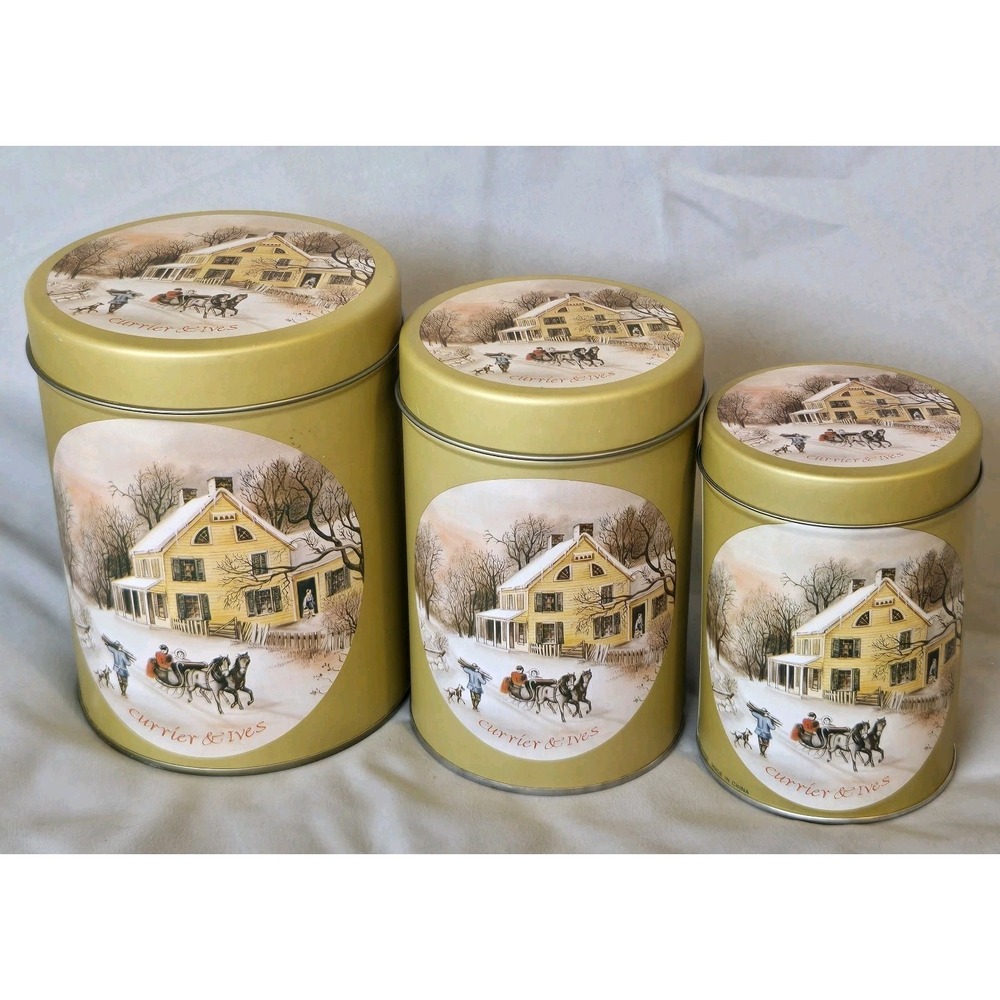 Vintage Currier & Ives 3 Pc Nesting Tin Canister Set Winter Scene Kitchen NOS